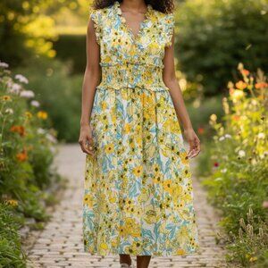 597 WOMENS SIZE 4P YELLOW FLORAL DRESS BY LONDON TIMES